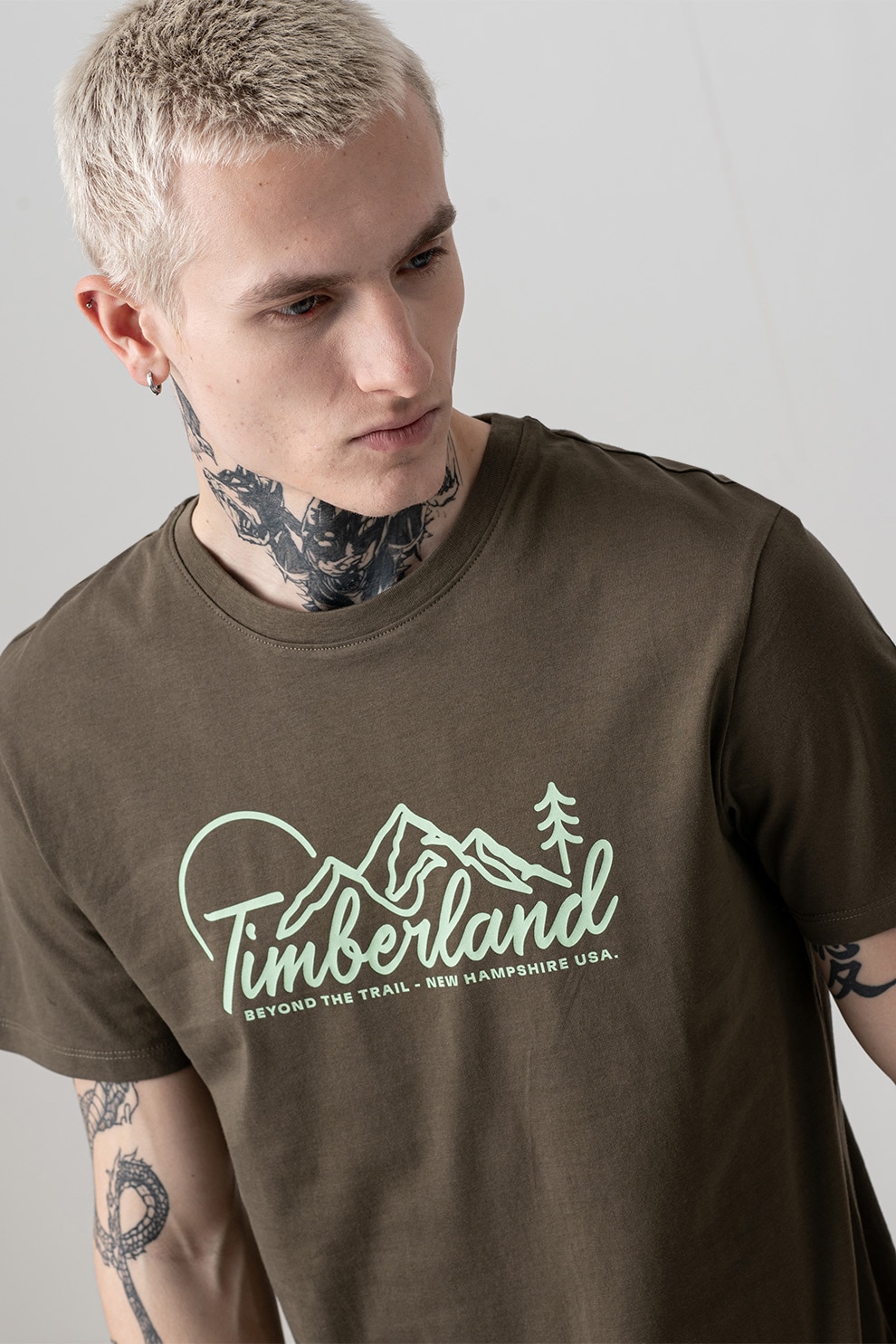 Timberland, Tricou cu logo si decolteu la baza gatului, verde militar inchis, Verde menta, L