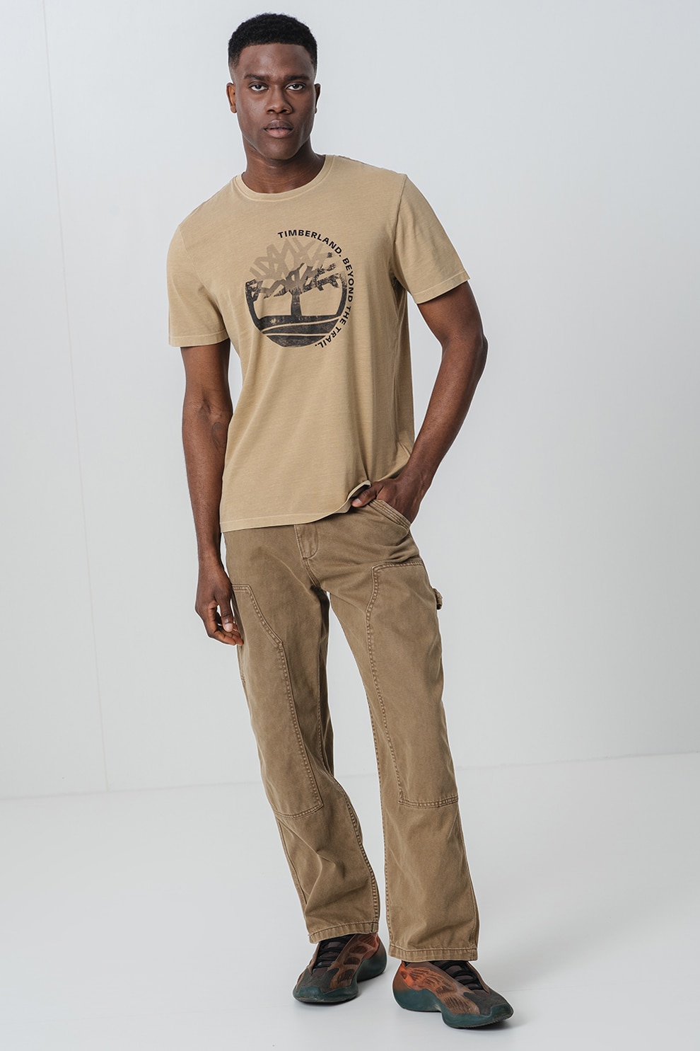 Timberland, Tricou cu decolteu la baza gatului si logo, Negru, Kaki, L