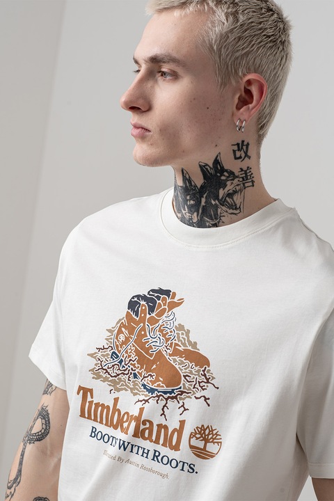 Timberland, Тениска с лого и овално деколте, Слонова кост/Кафяв