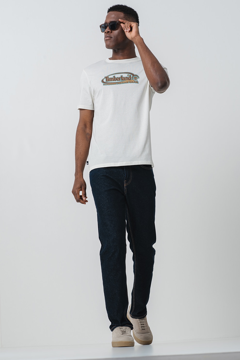 Timberland, Tricou cu decolteu la baza gatului si imprimeu, Alb murdar, L