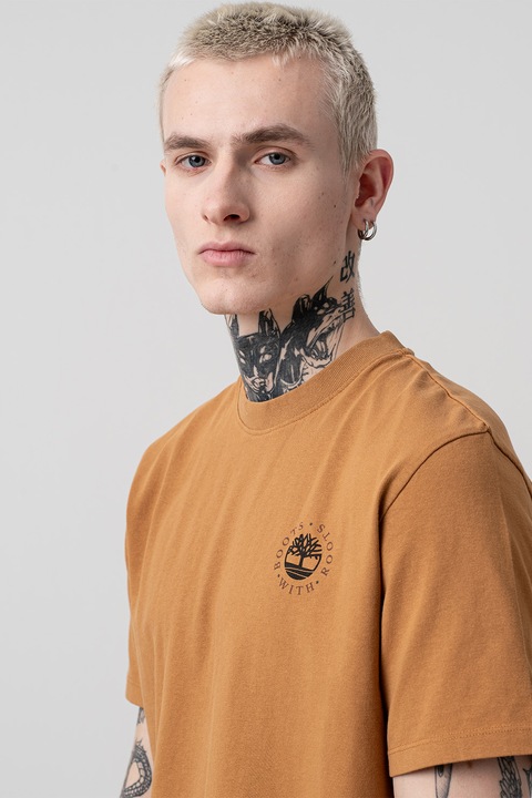 Timberland, Памучна тениска с овално деколте, Тъмнозелен/Канелено кафяво