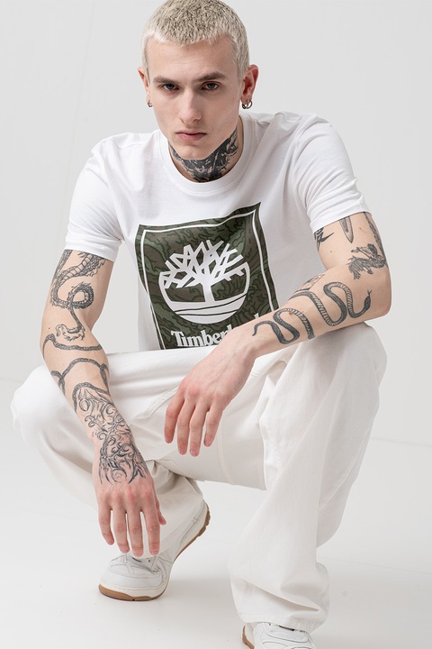 Timberland, Тениска с овално деколте и лого, Бял/Каки