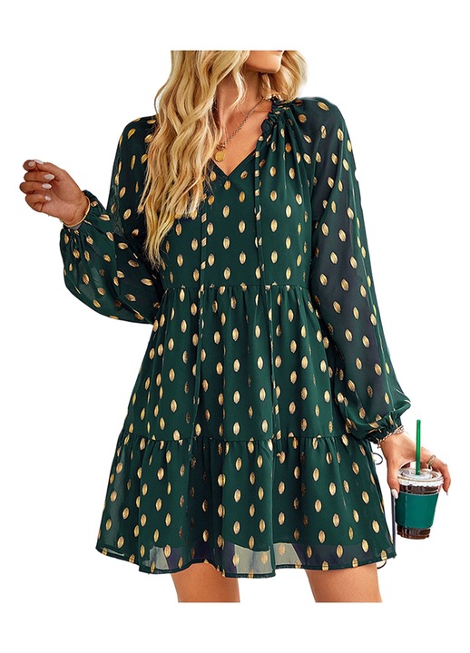 Ежедневна рокля, тъмнозелена, с V-образно деколте, дизайн с шнур, M INTL