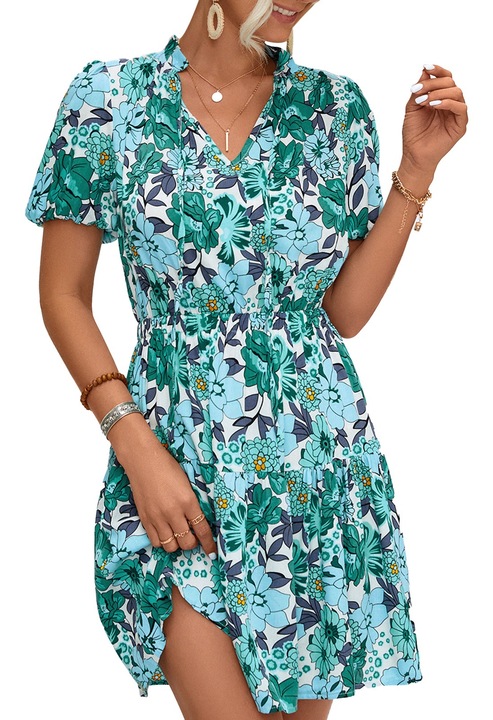 Лятна рокля, зелена, с флорален принт, къс ръкав, еластична талия