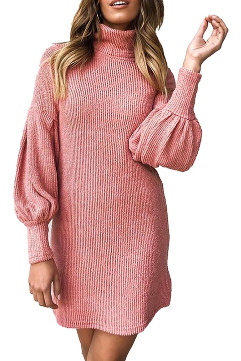 Къса рокля с дълги ръкави, висока яка, розова, Розово, L