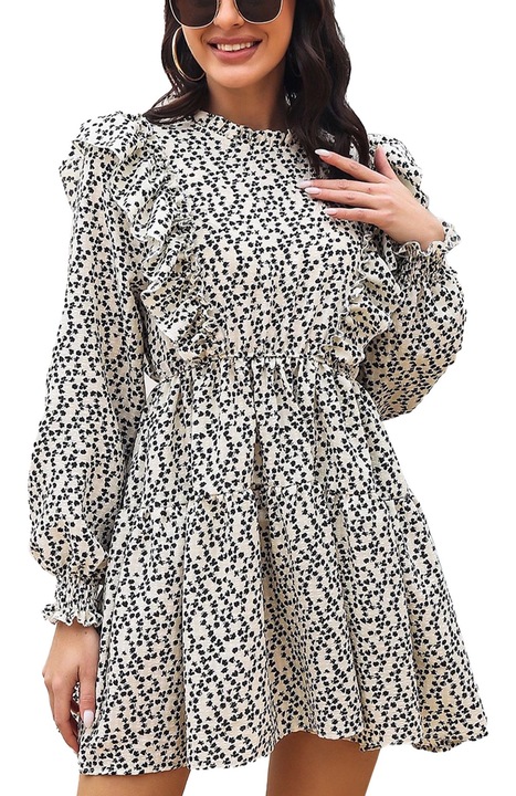 Къса рокля с висока яка, флорален принт, волани, бежово, приятна за кожата материя, M INTL