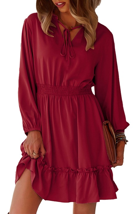 Ежедневна рокля, цвят бордо, с V-образно деколте, Червен