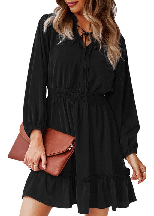 Ежедневна рокля с шнур, V-образно деколте, тънка талия, черна, изработена от полиестер