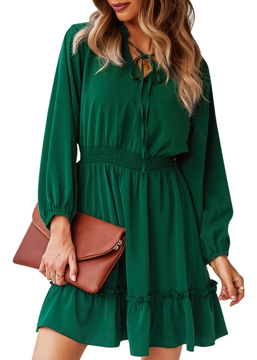 Зелена рокля, V-образно деколте, талия, Зелен