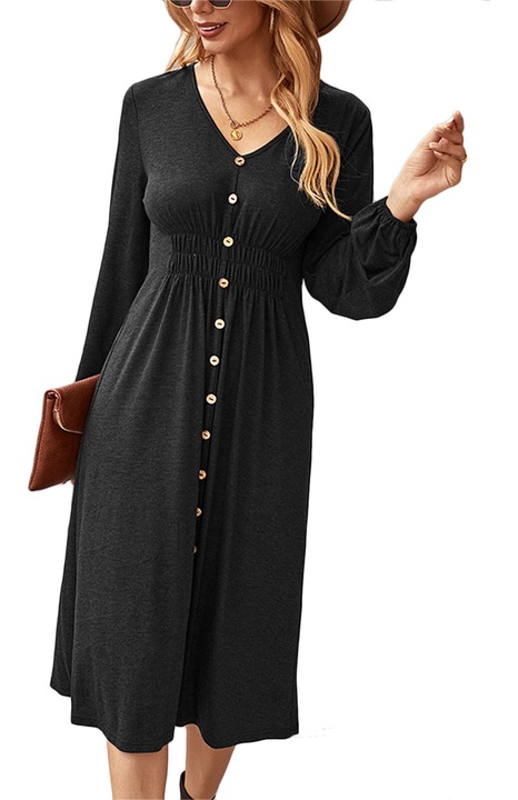 Ежедневна рокля със средна дължина с дълги ръкави, V-образно деколте, ластик на талията, черна, полиестер, M INTL