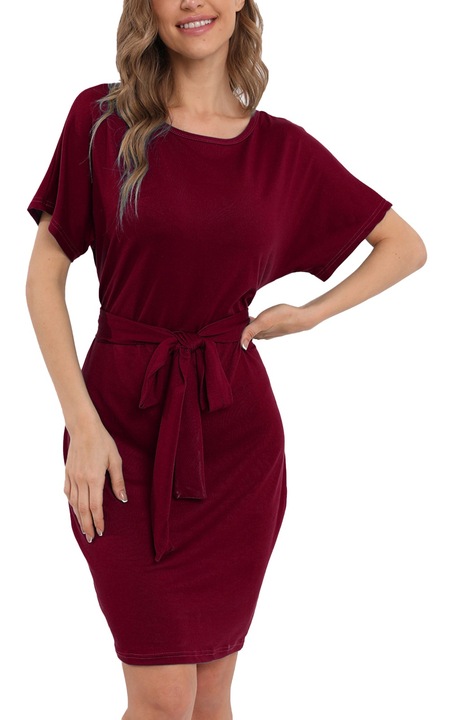 Дамска червена рокля с обло деколте и лилави ръкави, изработена от полиестер, L INTL