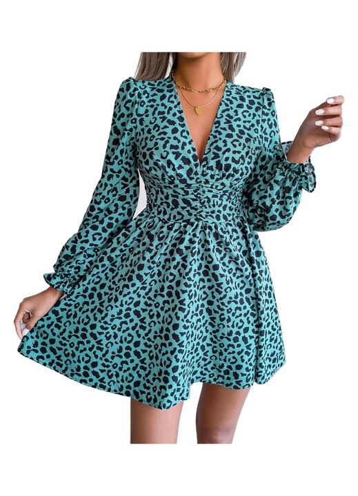 Лятна рокля, леопардов принт, V-образно деколте, талия с волани, зелена, полиестер, L INTL