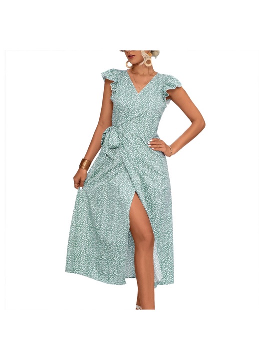 Дамска обвита рокля, капачка на ръкавите, разделен подгъв, V-образно деколте, завързване на талията, флорален принт, зелено, удобна материя, S INTL