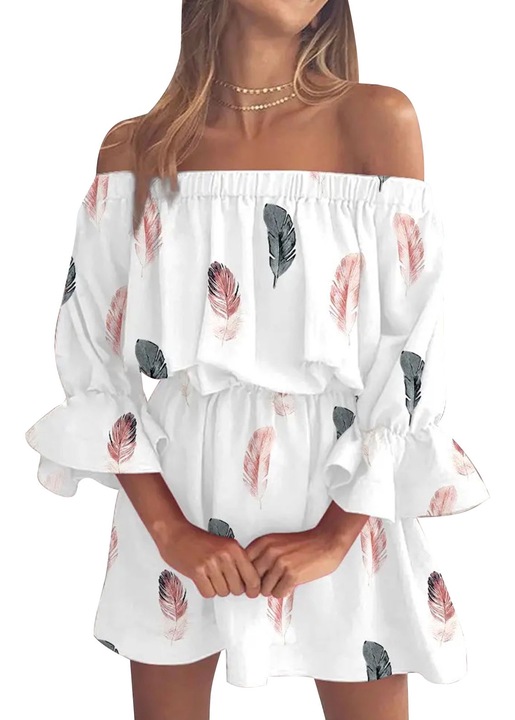 Рокля, с отворени рамена, висока талия, дълъг ръкав с волан, А-силует, многоцветна, полиестер, S INTL