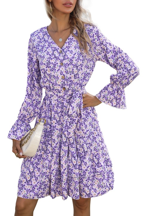 Рокля на цветя с V-образно деколте, дълги ръкави, дизайн на вратовръзка, лилава, изработена от дантела, XL INTL