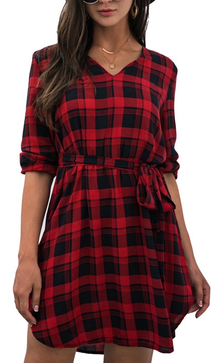 Ежедневна рокля, V-образно деколте, кариран принт, в червено, за, Червен, M