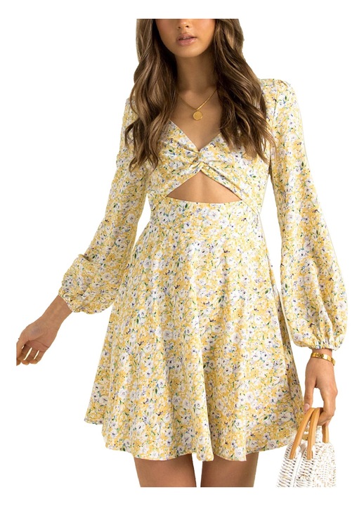 Дамска рокля, V-образно деколте, щампи на цветя, висока талия, балонени ръкави, полиестер, многоцветен, S INTL