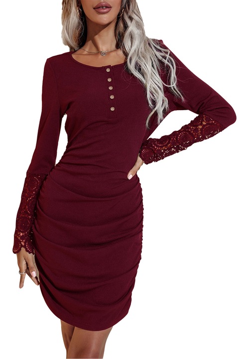 Рокля, дантела, обло деколте, по тялото, Червен, XL