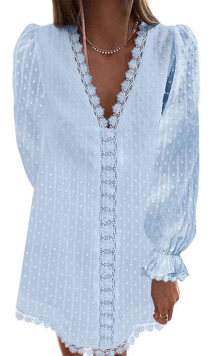 Рокля с V-образно деколте, щампа на точки, дантела, Син