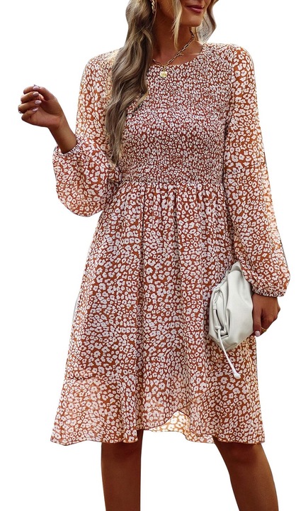 Дамска рокля, ръкави до средата на талията, ежедневна, полиестер, кафява, Кафяв, XL