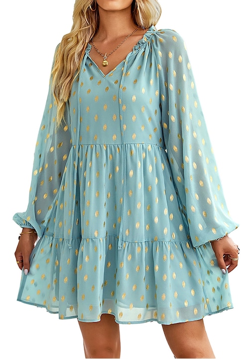 Дамска ежедневна рокля, пачуърк дизайн с волани, цветни точки, шифон, дълги ръкави