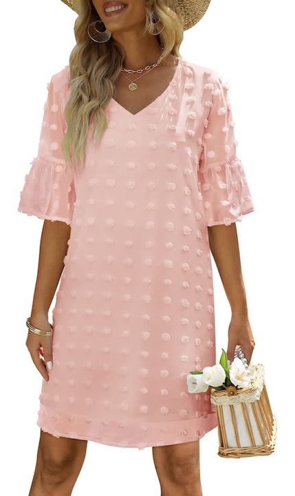 Къса лятна рокля, V-образно деколте, клоширани ръкави, точки, розово, шифон, ежедневен комплект, M INTL