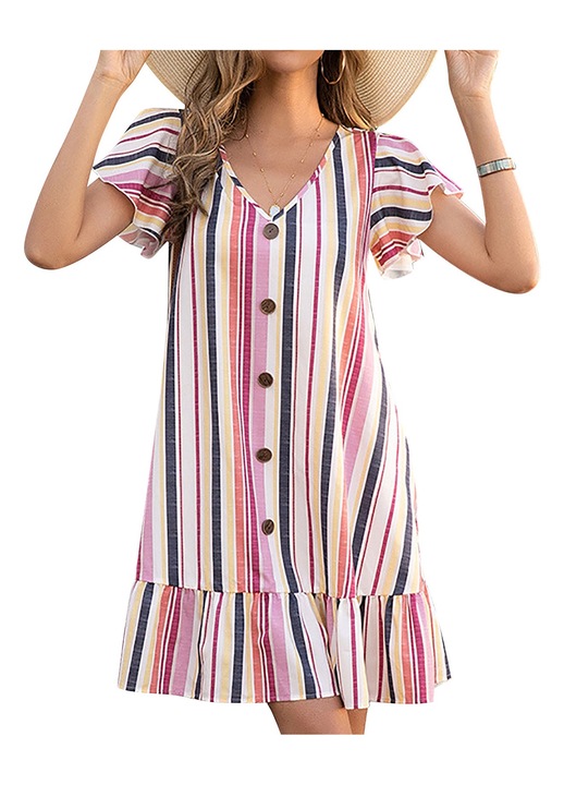 Дамска рокля, жълта, къс ръкав, V-образно деколте, с копчета, ежедневен стил, M INTL