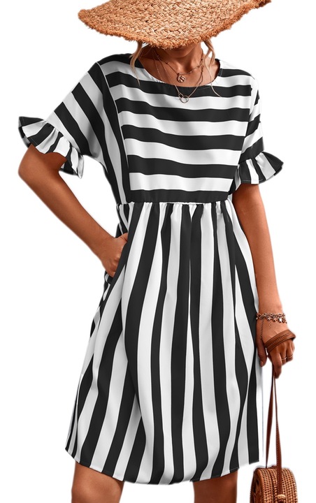 Ежедневна рокля на райета, ръкави с набори, еластична, Бял/Черен, M