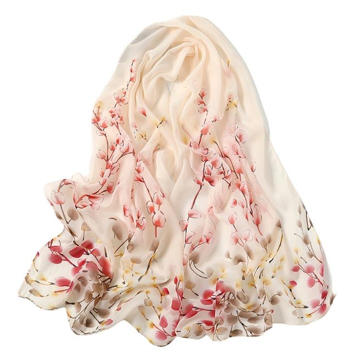 Esarfa din chiffon, imprimeu flori si pasari, Roz Lotus, 50x160cm