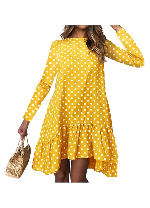 Жълта рокля на точки, обло деколте, дълги ръкави, за жени, L INTL