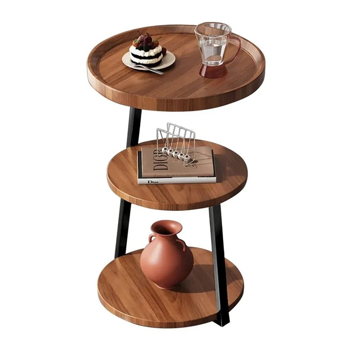 Масичка за кафе, Welora, 3 кръга от метал и MDF, Bисочина 62 см, Черно венге