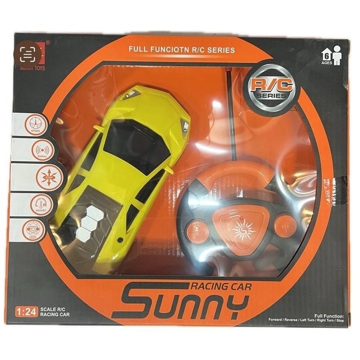RC състезателен автомобил, Welora, C LED светлина, За деца над 6 години, Mащаб 1:24, Пластмаса, 20x8x5 cm, Жълт