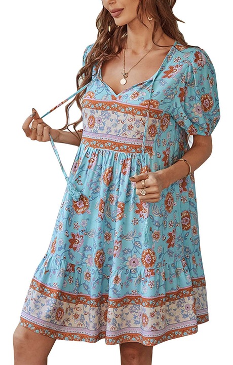 Дамска рокля, V-образно деколте, подгъв със синьо, вискоза, Син