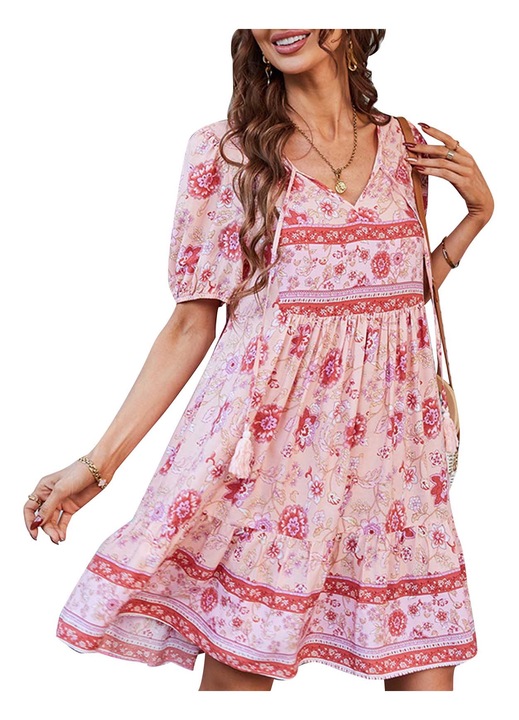 Ежедневна рокля, флорален принт, волани, розова, лятна, L INTL