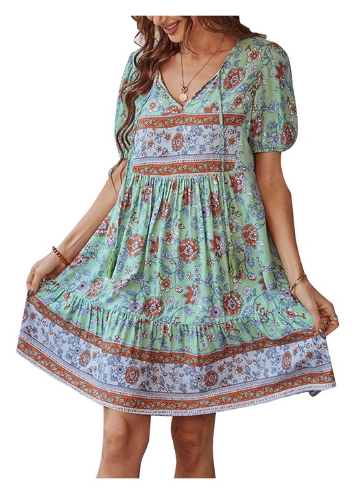 Дамска къса рокля, флорален принт, V-образно деколте, подгъв с волани, зелена, удобна материя, L INTL