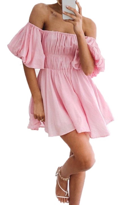 Ежедневна рокля, с буф ръкави, квадратно деколте, висока талия, розово, полиестер и памук, M INTL