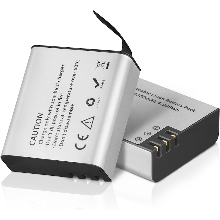 Set 2 acumulatori pentru camera de actiune, 1350 mAh, 3,7 V, aluminiu, compatibili cu diverse modele