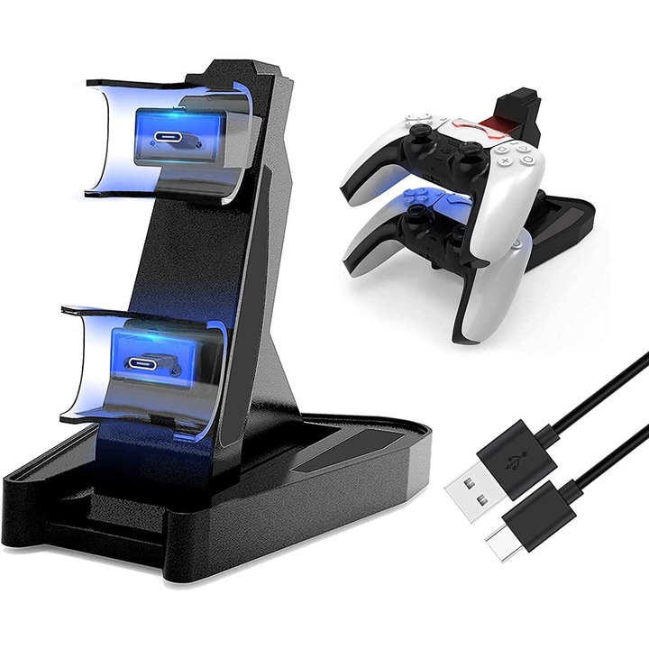 Dock de incarcare dublu pentru controller PS5, Negru, cu indicator LED, 5V 2A