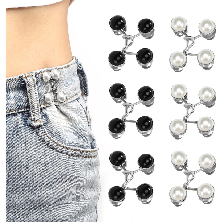 Set 6 Nasturi Ajustabili pentru Pantaloni, PsAyl, Negru/Alb, Metal, Design Simplu