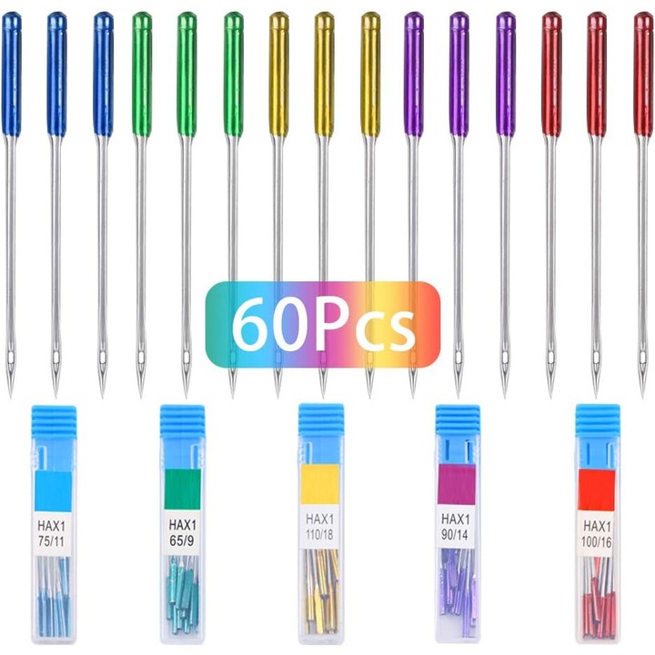 60 db-os univerzális varrógéptű készlet, HAX1 65/9, 75/11, 90/14, 100/16, 110/18 méretű, többszínű, műanyag tárolódobozokkal.