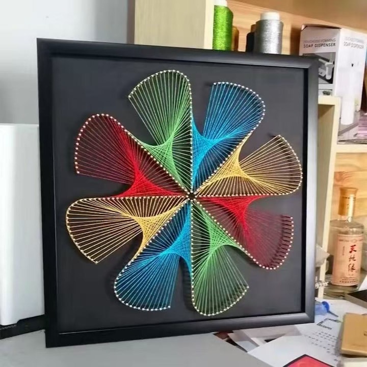 String Art Kit с конци, Направи си сам, включващ всички необходими аксесоари и дървена рамка, 3D ефект, подходящ както за деца, така и за възрастни - Уникална декорация за стената на къщата или подарък, 30 х 30 см, ниска трудност, геометрични мотиви