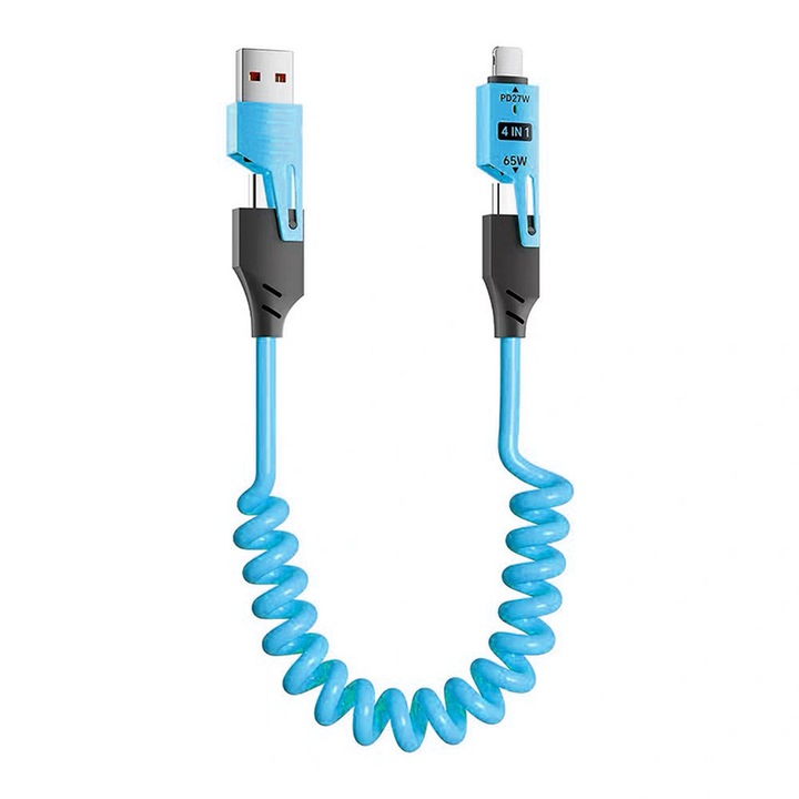 4 az 1-ben töltőkábel, 65 W, visszahúzható, 1,2 m, iPhone-hoz, laptopokhoz, táblagépekhez, többszínű