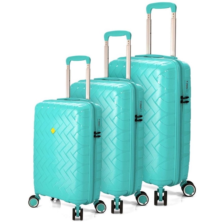 Комплект куфари Benzi BZ 5806, полипропилен, 4 двойни колела и шифър, 3 броя, тюркоаз