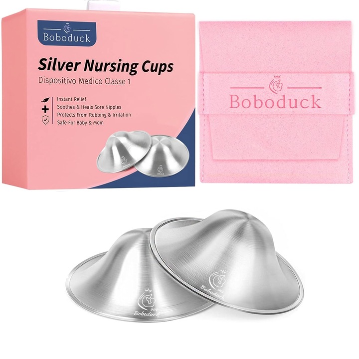 Set 2 Cupe de Argint pentru protectia mameloanelor, Argint 99.9%, Se potriveste la majoritatea tipurilor si marimilor de mameloane, 15*45mm, Amelioreaza durerea mamelonului, detasabil, Argintiu