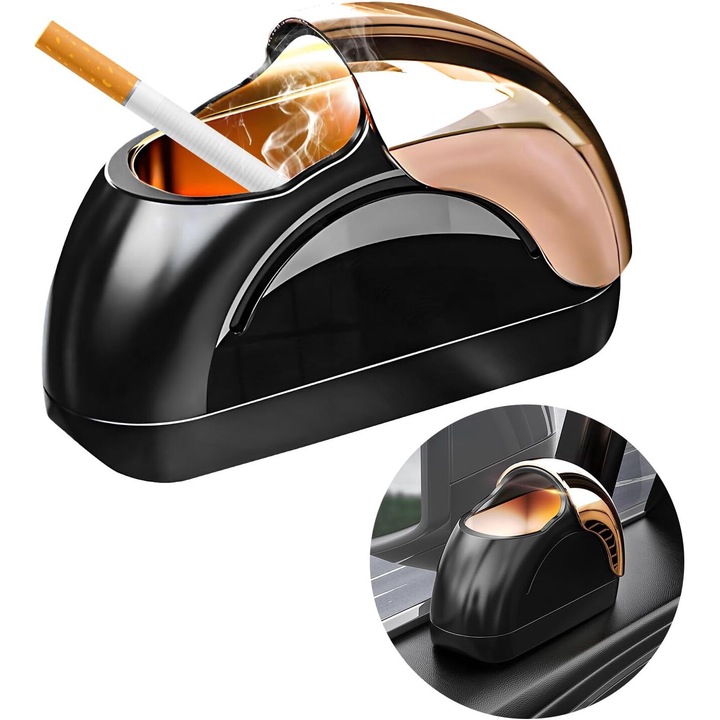 Scrumiera auto cu LED albastru, pentru portiera, interior metal, detasabila, capacitate 60 mucuri de tigari, interior metalic lavabil, Negru/Auriu