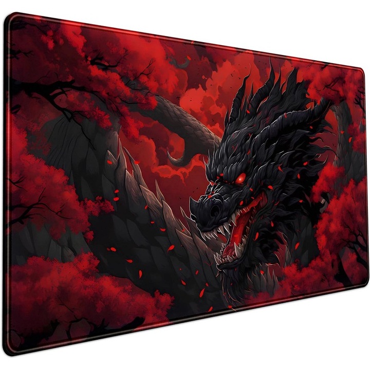 Mousepad gaming, Baza anti-slip din cauciuc, Lmprimare Ridicata -definitie, Suprafata optimizata pentru precizie, Material textil rezistent, Cusaturi Anti-Rupere, Waterproof, Modelul dragonului, 400X900X2mm, Rosu/Negru