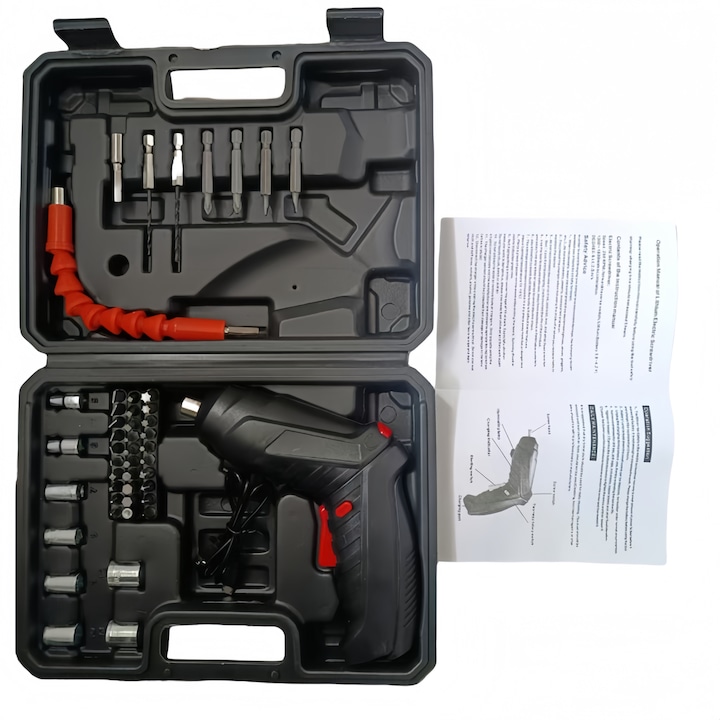 Комплект отвертки, 47 части, 4N.m, 3, 7V, 2000mAh, 250 об/мин, черни
