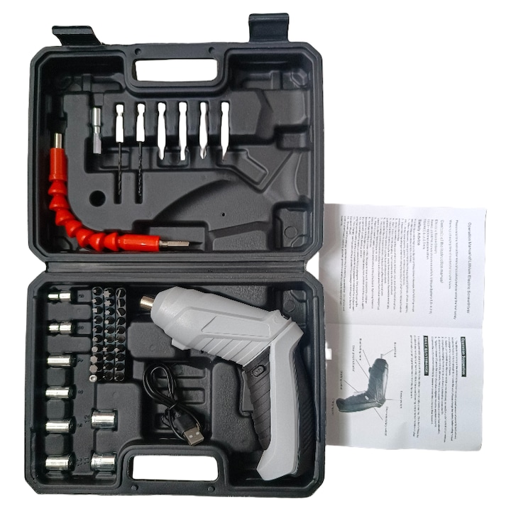 Комплект отвертки, 47 части, 4N.m, 3.7V, 2000mAh, 250 об/мин, сив