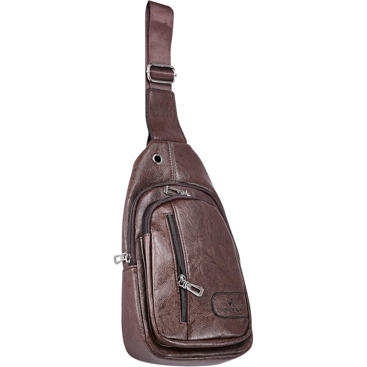 Borseta crossbody unisex, de umar sau de mana din piele, Donbolso, 3 compartimente, 30 X 16 X 10 cm, Maro Inchis