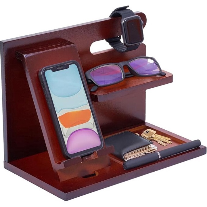 Fa íróasztal-rendező, OfficeWorld, bambusz polc íróasztalhoz vagy éjjeliszekrényhez, tolltartó, telefontartó, polc kis kiegészítőknek, 26 x 15 x 19 cm, barna